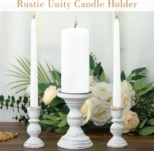Vista 3 de Unity - Portavelas de madera LIKEYO Unity para bodas, juego de 3 velas rústicas, candelabros blancos de madera para mesa de boda, centro de mesa