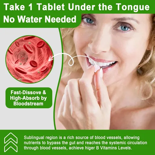 Vista 7 de Complejo de vitamina B sin azúcar con metil B12, metilfolato, B6, B1, B2, B3, suplemento de complejo B metilado de disolución rápida altamente