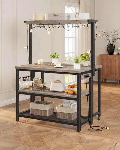 Vista 4 de CHOEZON Isla de cocina con toma de corriente, mesa de isla de cocina con parte superior plegable, islas de almacenamiento estacionario, barra