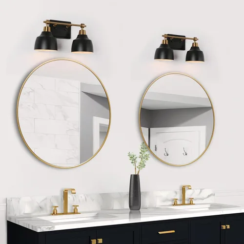 Vista 3 de classy leaves Lámparas de baño, 2 luces de tocador de granja para baño con pantalla de metal negro y enchufe dorado, modernas lámparas de tocador