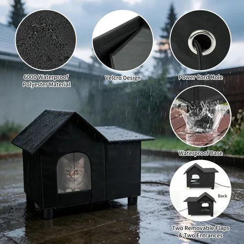 Vista 3 de Casa grande con calefacción para gatos para exteriores, casa elevada para gatos climatizada al aire libre, resistente a la intemperie, refugio Negro