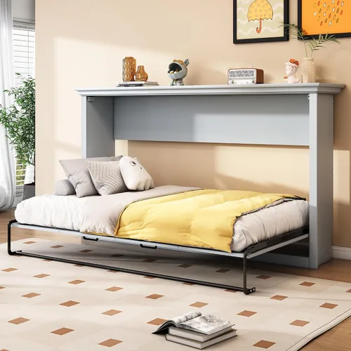 Vista 17 de Cama Murphy de tamaño matrimonial con estación de carga, marco de cama de pared de madera que ahorra espacio se puede plegar, armario de cama cubo