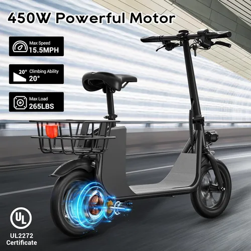 Vista 2 de RIDWIND Electric Scooter with Seat for Adults, 450W Motor Foldable E Scooter for Adults with LCD Display,15.5MPH, 20 Miles Range, Max Load 265LB