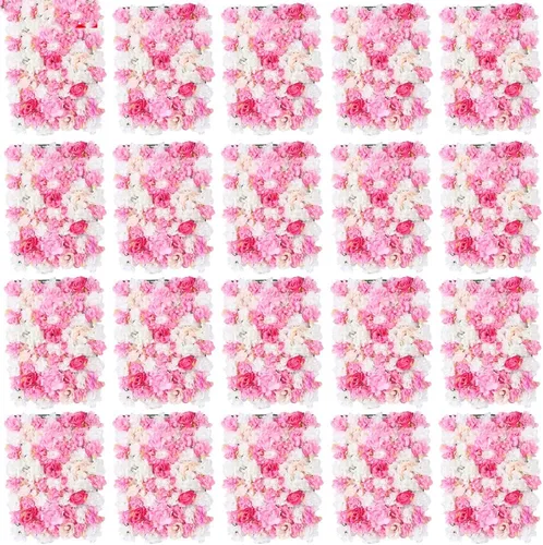 Paquete de 20 paneles de pared de flores artificiales de 24 x 16 pulgadas, paneles de fondo de flores artificiales de hortensias y rosas