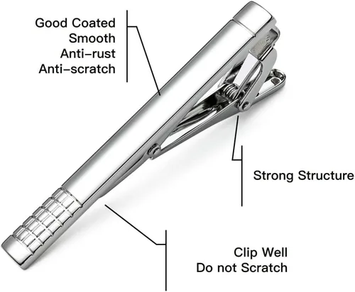 Vista 2 de MOZETO Pinzas de corbata para hombres, juego de barra de corbata plateada de estilo clásico para lazos regulares, caja de lujo, ideas de regalo