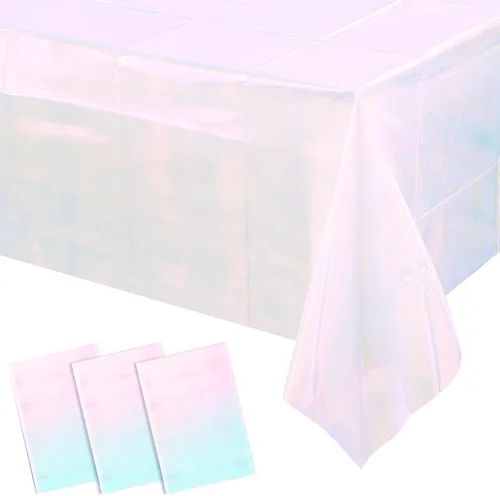 Vista 24 de 3 paquetes de mantel de plástico a cuadros negro y iridiscente, cubiertas de mesa rectangulares brillantes desechables con láser, mantel holográfico