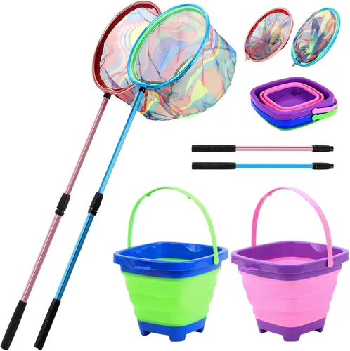 Vista 7 de Red de pesca para niños, paquete de 2 redes telescópicas de aterrizaje con mango de poste de aluminio, cubo de arena plegable, red de mariposa, red