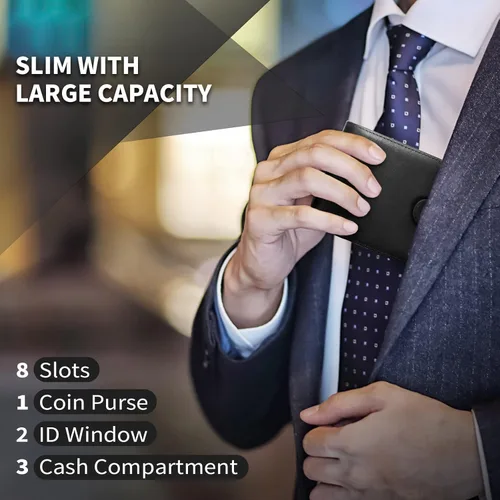 Vista 2 de LifeImpree Cartera de cuero genuino para hombre, grande con bolsillo para monedas, cartera de bloqueo RFID con 2 ventanas de identificación y 11