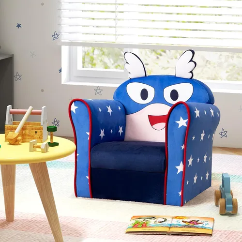 Vista 9 de HONEY JOY Sofá para niños, sillón para niños pequeños con patrón Flyman, mini muebles de sala de juegos para niños, construcción de madera