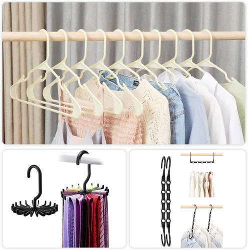 Vista 8 de VECELO Juego de 25 perchas de plástico con muescas antideslizantes para el armario, ahorro de espacio, perchas resistentes, color beige