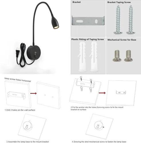 Vista 6 de Luz LED de lectura de pared con puerto de carga USB, interruptor regulable táctil, lámpara de noche de cuello de cisne, brazo flexible, 3 W