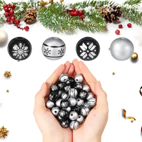 Vista 4 de Jetec 120 piezas de cuentas de madera para Navidad de 0.6 pulgadas, cuentas de madera con diseño de copo de nieve en negro y plateado
