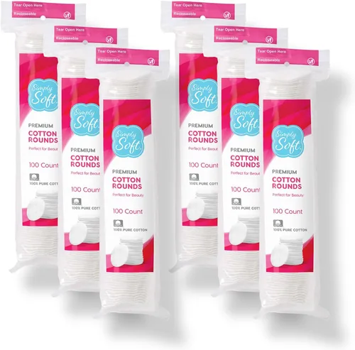 Vista 11 de Simply Soft - Redondas de algodón de alta calidad, 100% algodón puro, almohadillas de algodón absorbente, 100 unidades (paquete de 6)