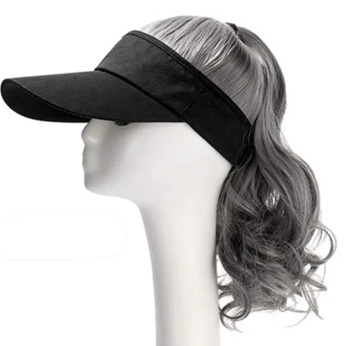 Vista 16 de YEKEYI Sombrero de peluca para exteriores con cabello para cola de caballo, gorra de béisbol con cabello marrón y negro ondulado para mujer, Negro