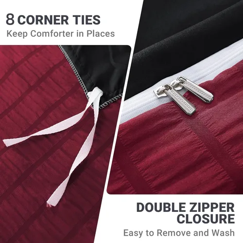 Vista 5 de HYMOKEGE Funda de edredón tamaño Queen color rojo oscuro/negro, juego de fundas de edredón de 3 piezas de tipo Seersucker con cierre de cremallera