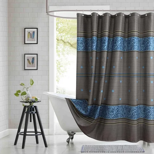 Vista 14 de Cortina de ducha de tela, cortina de ducha marrón, cortinas de ducha con patrón de rayas marrón tostado, cortinas de baño decorativas modernas, 72