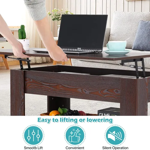 Vista 6 de Mesa auxiliar elevable, mesa de centro de madera ajustable de 39.4 pulgadas de altura con compartimento oculto y estante inferior de almacenamiento