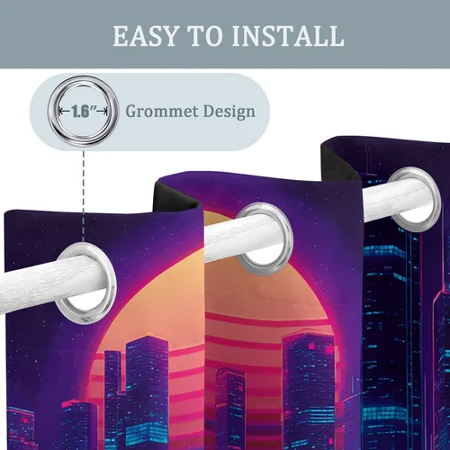 Vista 5 de Neon Vaporwave Curtains 39 Inch 2 Panel Set, 95% Blackout Curtains Futurism City Skyline Pattern, Neon Vaporwave Decor for Kitchen Bedroom, Thermal