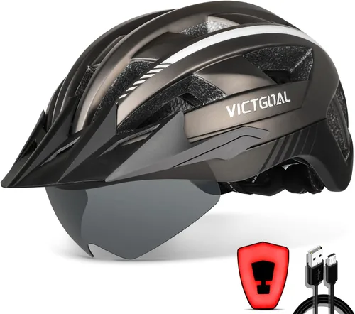 Vista 14 de VICTGOAL Casco de bicicleta con luz trasera recargable por USB, gafas magnéticas desmontables, visera solar extraíble, cascos de bicicleta