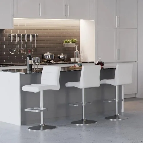 Vista 44 de ZURI Taburete de bar moderno de altura ajustable marrón exuberante con base plana redonda cepillada