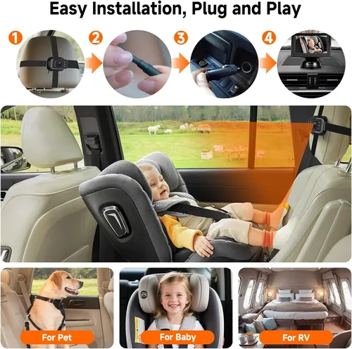 Vista 3 de VECHTEL Cámara de coche para bebé HD con orientación trasera para bebé con monitor de 4.3 pulgadas, visión nocturna IR, gran angular, fácil
