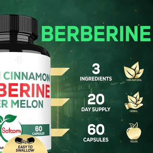Vista 3 de Satoomi Suplemento de berberina con corteza de canela de Ceilán orgánica y melón amargo - 3 en 1-60 cápsulas veganas