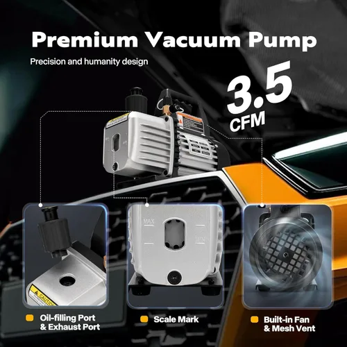 Vista 4 de VIVOHOME - Bomba de vacío de paletas rotativas de 1/4 HP y 3.5CFM a 110 V y kit de manómetro de aire acondicionado con termómetro para R134a R12 R22