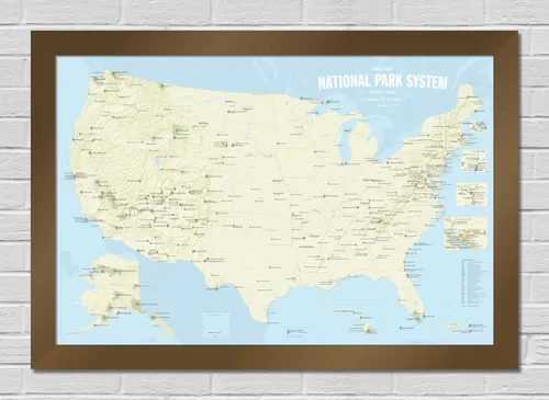 Vista 12 de Póster de unidades del sistema de parques nacionales de EE. UU., mapa de 24 x 36 pulgadas (beige y azul claro)
