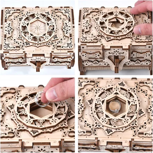 Vista 4 de Varbertos Rompecabezas de madera 3D, caja del tesoro mecánica, kit de construcción de modelos de montaje creativo de madera para construir