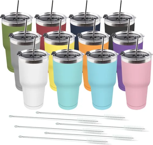 Vista 15 de Amtidy Paquete de 8 tazas de viaje de 30 onzas, vaso de acero inoxidable recubierto de polvo de doble pared a granel, taza de café aislada duradera