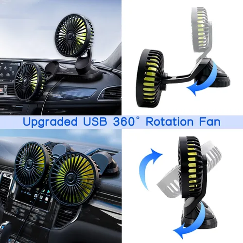 Vista 4 de Ventilador para coche, ventilador de doble cabezal ajustable de 360°, ventilador de refrigeración de auto eléctrico de 3 velocidades, ventiladores