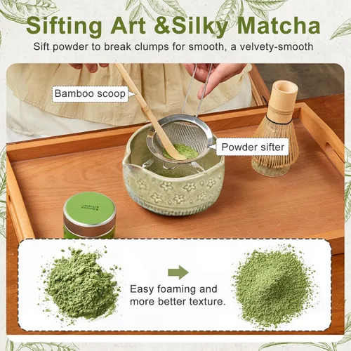 Vista 4 de Juego de 5 batidores de matcha, cuenco de 18 onzas con boquilla, kit de batidores de matcha de ceremonia japonesa, batidor de bambú 100% natural