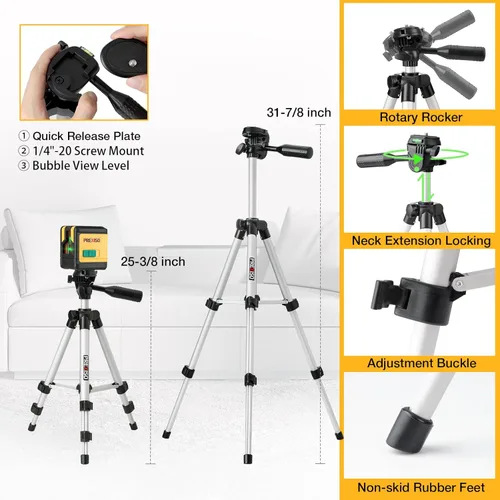 Vista 3 de PREXISO Nivel láser con trípode, módulos duales de 100 pies, nivel láser de línea cruzada autonivelante, herramienta niveladora de línea verde