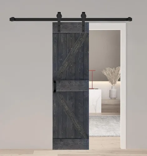 Vista 9 de Serie K. Puerta corredera de granero de madera maciza acabada con kit de herrajes (marrón/nogal, 24 x 84 pulgadas)