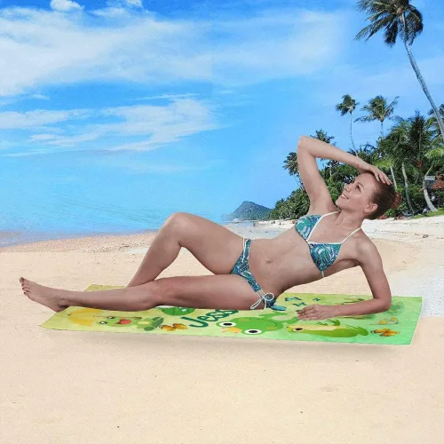 Vista 4 de Toallas de playa personalizadas con nombre, diseño de rana y mariposa, de secado rápido, absorbente, de microfibra, toalla de baño de microfibra