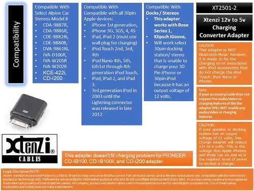 Vista 3 de Xtenzi Adaptador convertidor de carga de repuesto de 12 V a 5 V compatible con iPods seleccionados