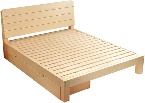 Vista 5 de LITFAD Base de cama de plataforma de madera de pino contemporánea, marco de cama natural con cabecero, listones de madera de soporte