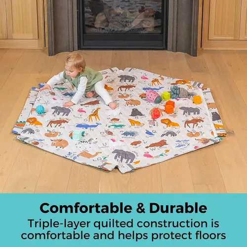Vista 4 de Paquete de rincón de Superyard para niños pequeños, 6 paneles de color gris claro independiente con tapete de juego SecureMat, Animal ABC, portátil