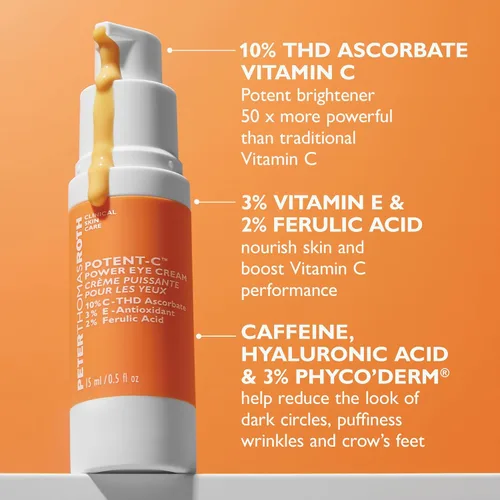 Vista 5 de Peter Thomas Roth Potent-C Power Eye Cream Crema de ojos iluminadora con vitamina C para ojeras, hinchazón y patas de gallo, 0.5 onzas líquidas