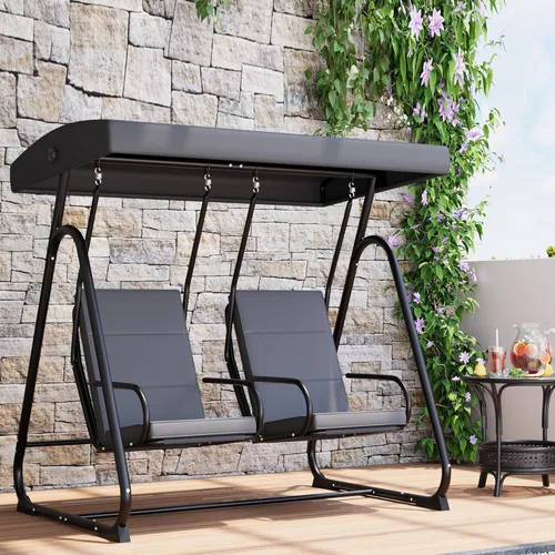 Vista 9 de GarveeLife Silla de columpio para porche para 2 personas, columpio para patio al aire libre resistente con toldo ajustable y cojines extraíbles