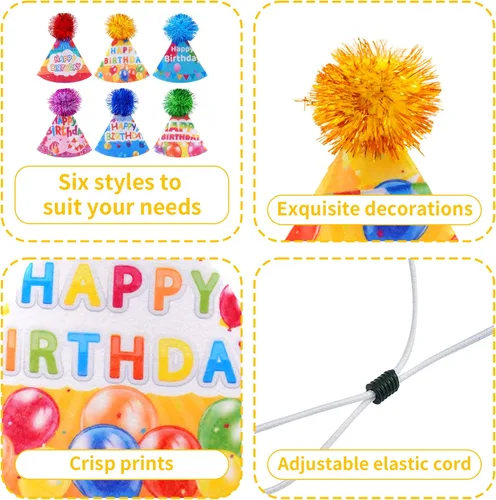Vista 3 de Paquete de 6 mini sombreros de fiesta de cumpleaños para perros pequeños, cachorros, gatos, gatitos, conejo, niño, niña, accesorios de disfraz