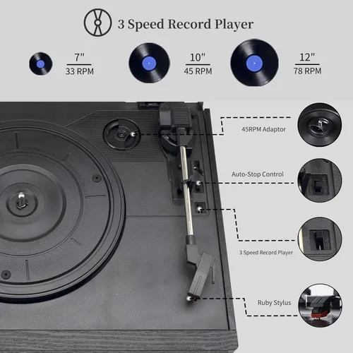 Vista 3 de Reproductor de Discos 9 en 1 con 2 Altavoces Externos, Tocadiscos Bluetooth, Reproductor de Vinilo de 3 Velocidades con CD, Casete, Radio AM/FM