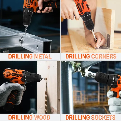 Vista 6 de Kit de herramientas YOUGFIN con taladro de 12V, juego de herramientas para el hogar con taladro inalámbrico para hombres, caja de herramientas