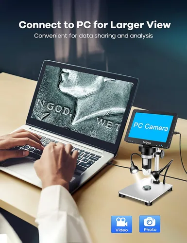 Vista 3 de Microscopio digital LCD de 7 pulgadas 1200X, microscopio Leipan de moneda de 12 MP con pantalla para adultos, microscopio de video 1080P con tarjeta