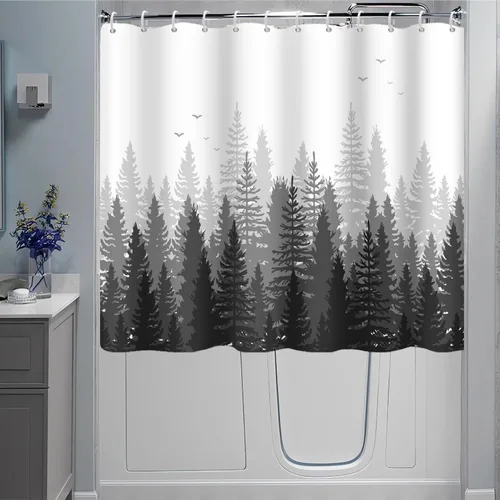 Vista 17 de Cortina de ventana de ducha, verde y gris, pequeña cortina corta impermeable para ventana de baño con ganchos, 30 x 36 pulgadas