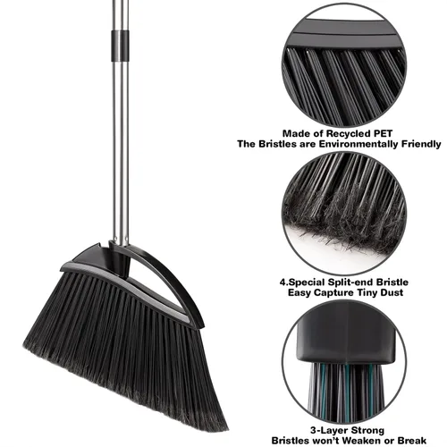 Vista 4 de Yangbaga Juego de recogedor y escoba de mango largo para el hogar, recogedores y escobas de metal resistente, diseño de pie vertical, escoba