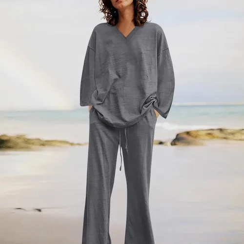 Vista 6 de ZDRZK Beach Sets Women 2 Piece Outfits Cotton Linen Matching Lounge Set Oversized Long Sleeve Tshirt And Pants Sweatsuit