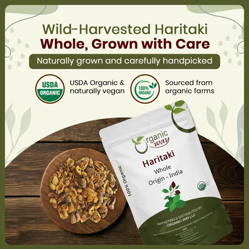 Vista 3 de Organic Way Haritaki Entero (Chebulic Myrobalan) Terminalia Chebula (mirobalan amarillo) Certificado Kosher y USDA Vegano, sin OMG y sin