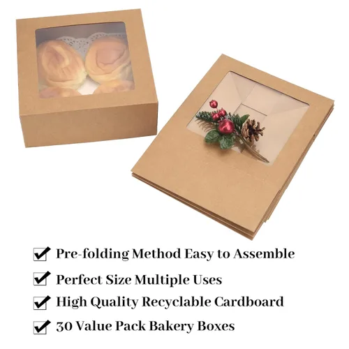 Vista 6 de NPLUX Cajas de galletas Kraft de 8 x 8 x 3 pulgadas, cajas de dulces con ventana para chocolate cubierto de fresa, macarrón, dona, corazón rompible