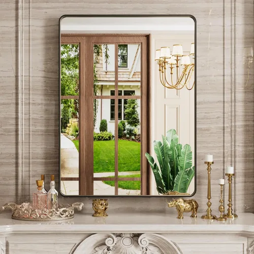 Vista 4 de JISOSO - Espejo de baño negro de 20x30 pulgadas con marco de metal negro, espejo de tocador rectangular redondeado con acabado mate para pared